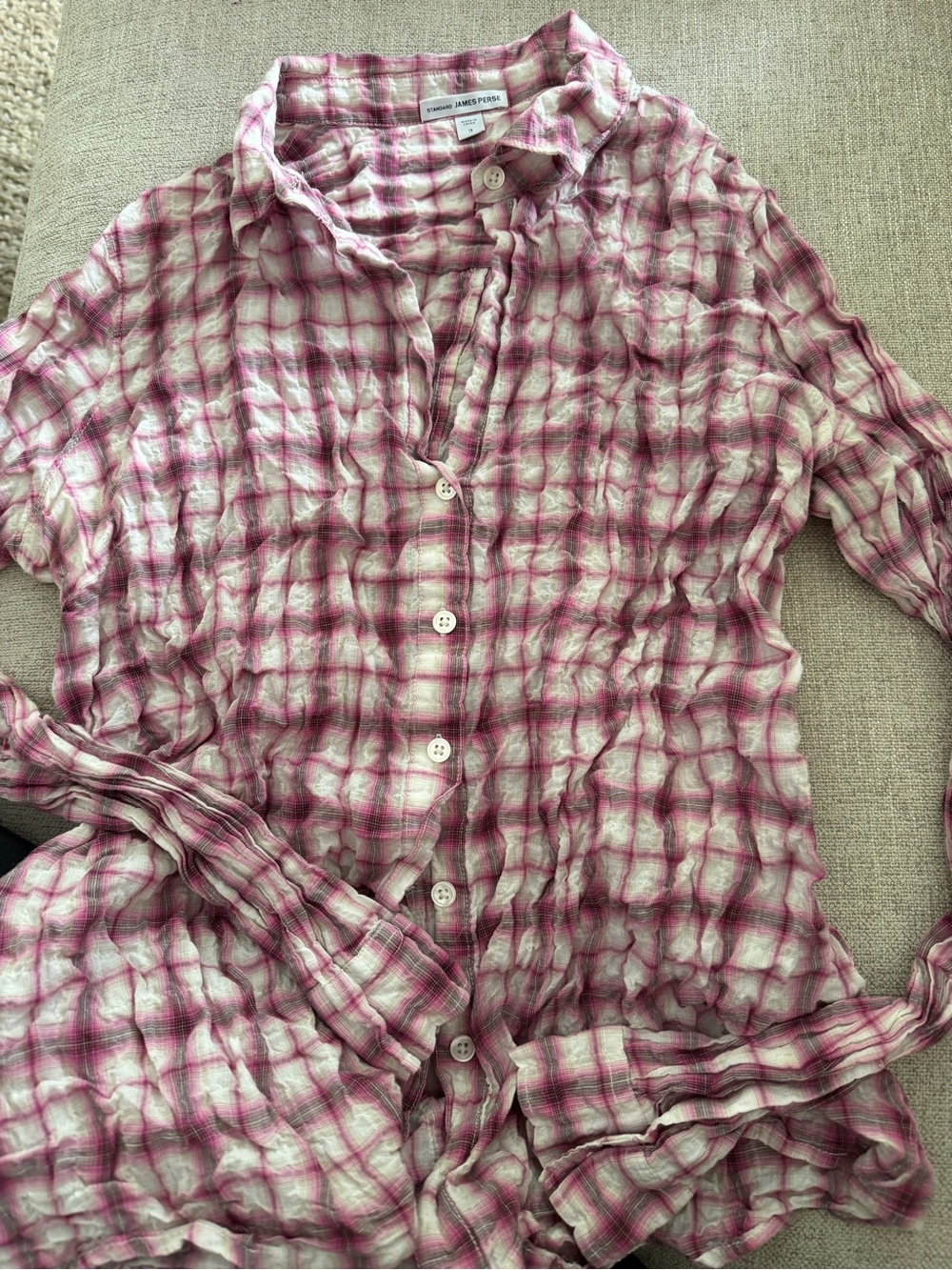 James Perse Pink and White Plaid Button-Down Shirt